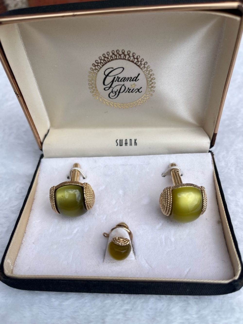 SWANK Gold-Tone Olive Green Cabochon Cufflinks and Tie Tack Set